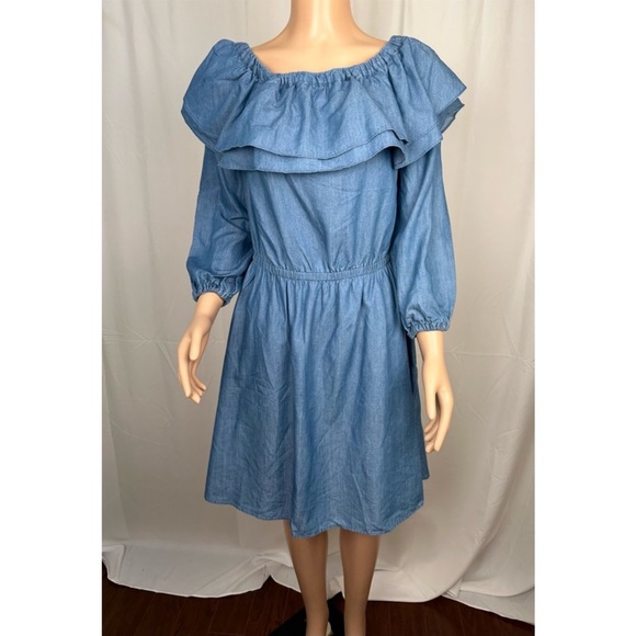 Michael Kors Womens Denim Ruffled Off Shoulder Dress - Picture 4 of 8